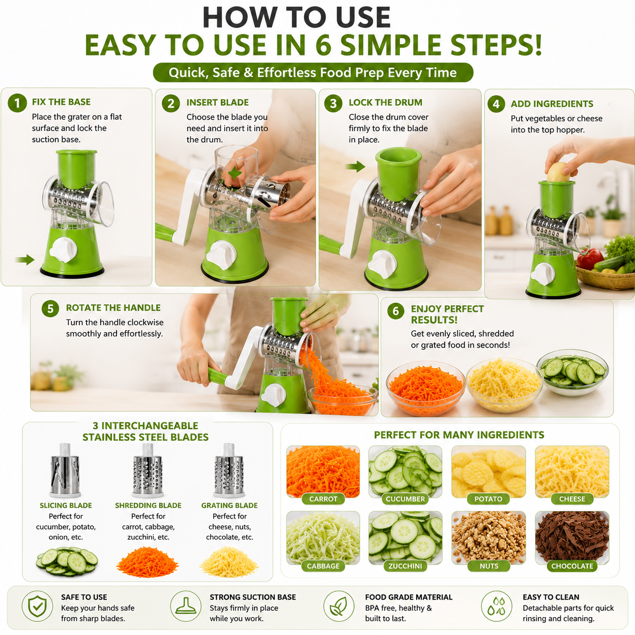 Manual Rotary Vegetable Grater & Slicer – 3 Interchangeable Stainless Steel Blades