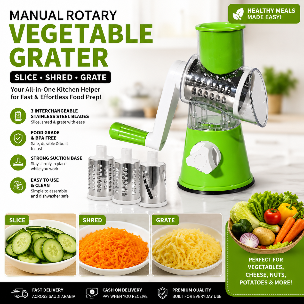 Manual Rotary Vegetable Grater & Slicer – 3 Interchangeable Stainless Steel Blades