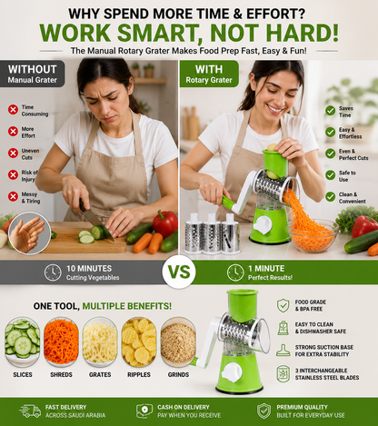 Manual Rotary Vegetable Grater & Slicer – 3 Interchangeable Stainless Steel Blades