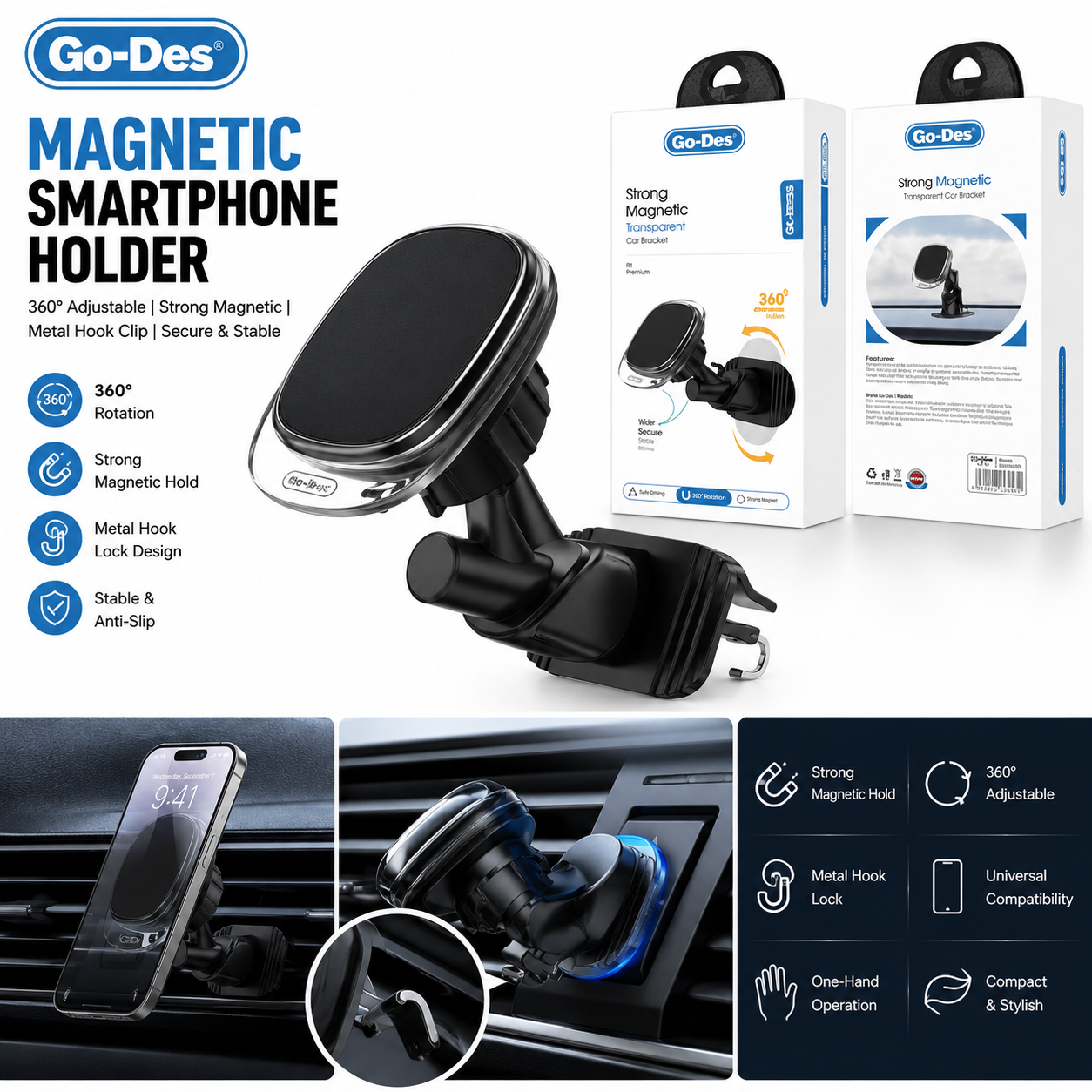 Magnetic Smartphone Holder – 360° Air Vent Car Phone Mount