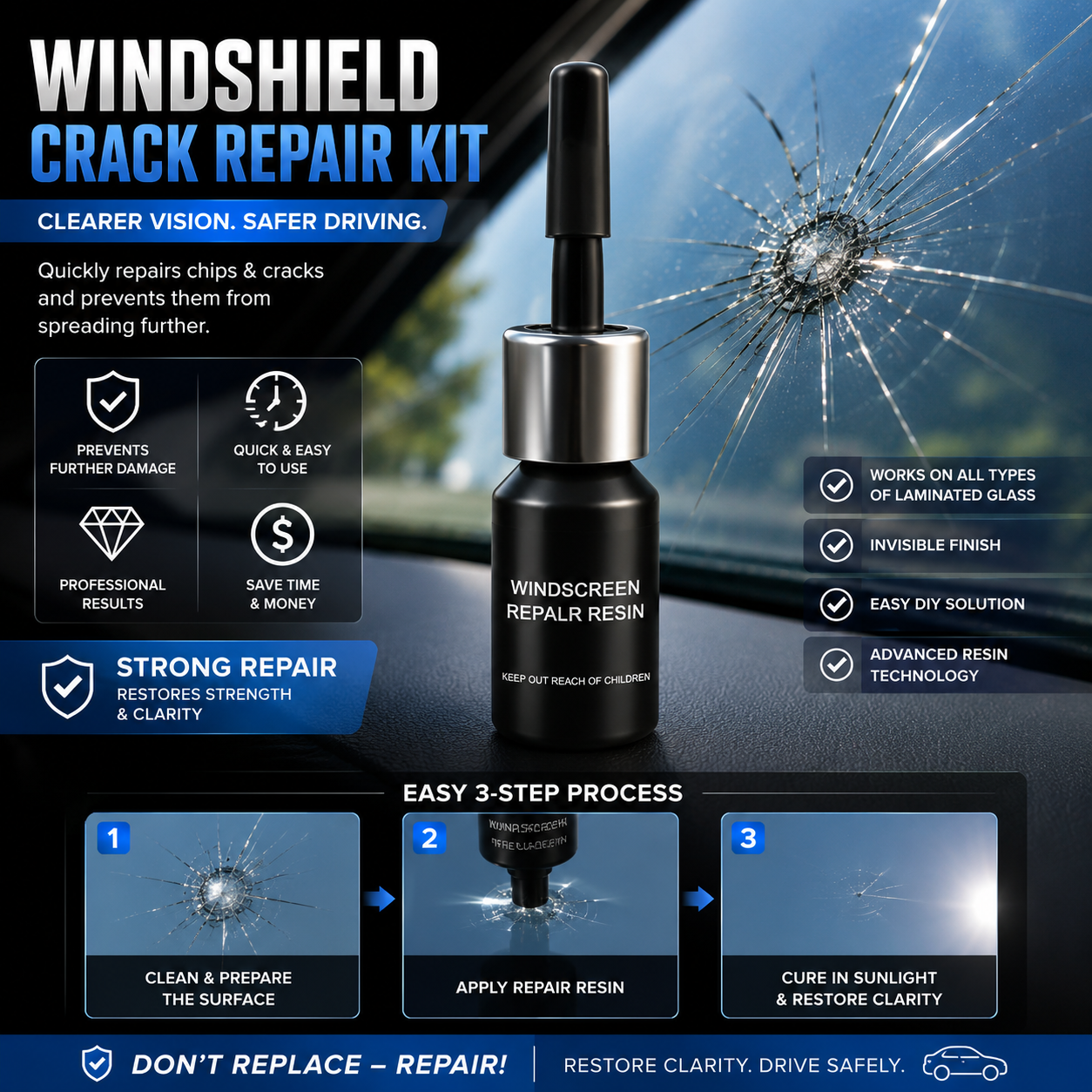 Windshield Crack Repair Kit – Quick Glass Repair Resin