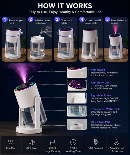 Starry Sky Humidifier – Cool Mist Air Humidifier with LED Night Light