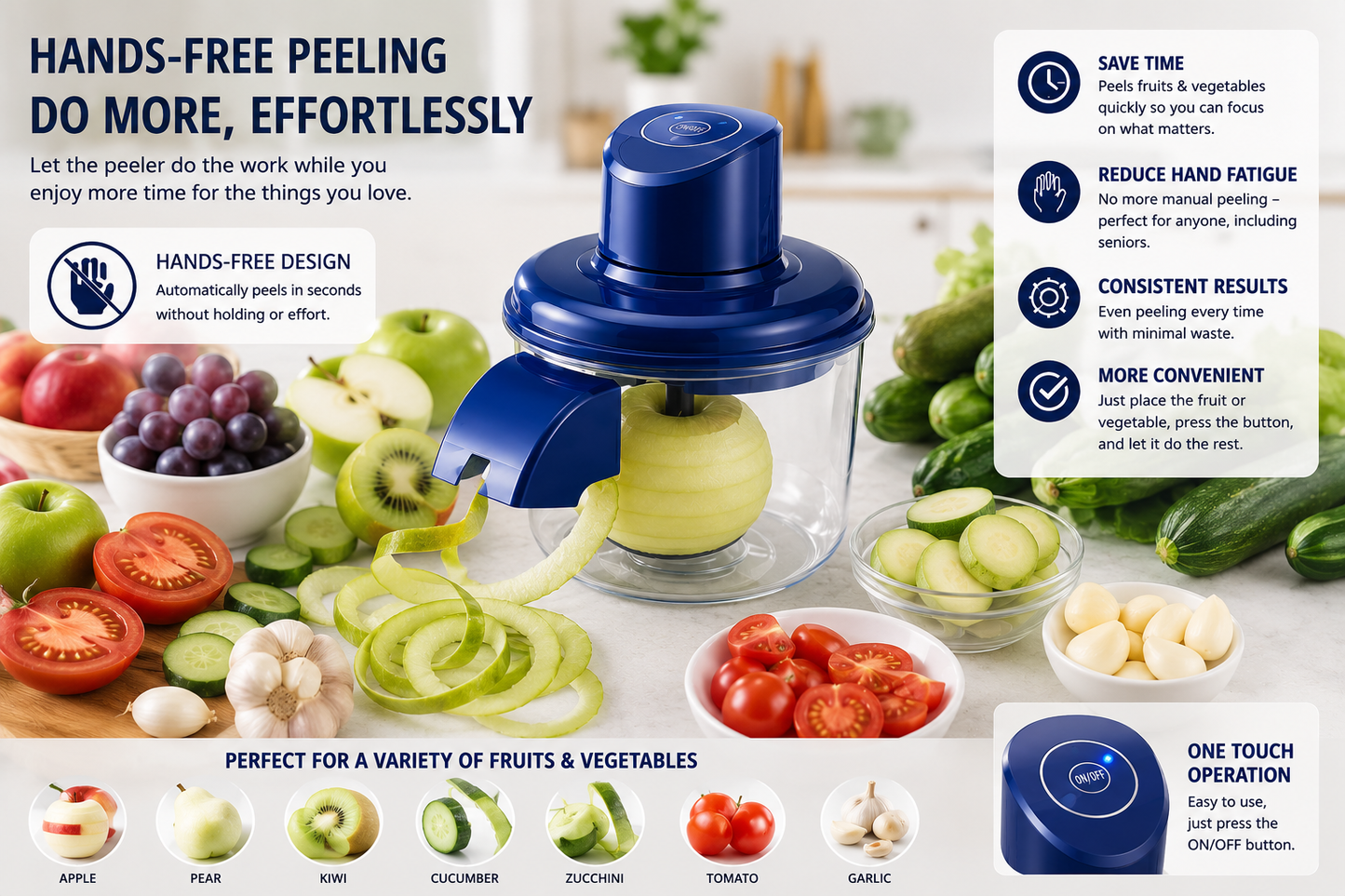 Rechargeable Electric Fruit & Vegetable Peeler – One Touch Automatic Peeling Tool